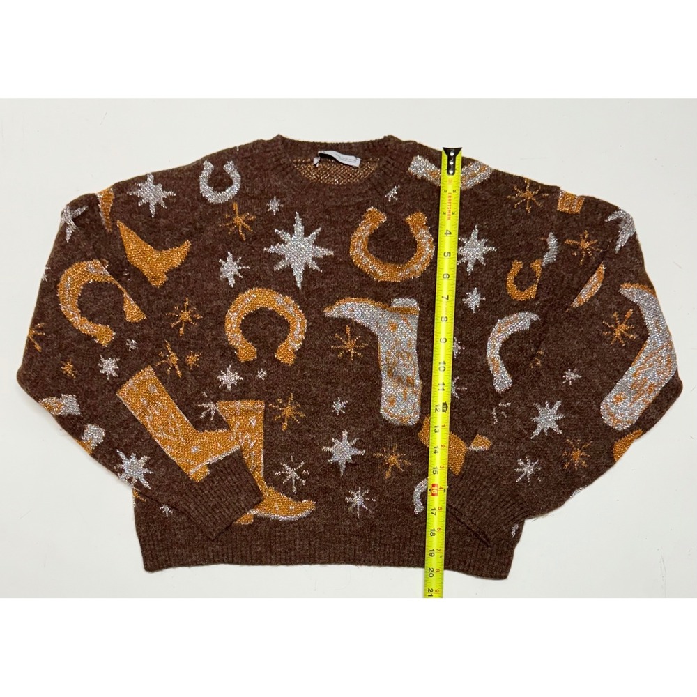 ZARA Western Cowboy Boots Horseshoe Stars‎ Knit Sweater Brown Women's Size S